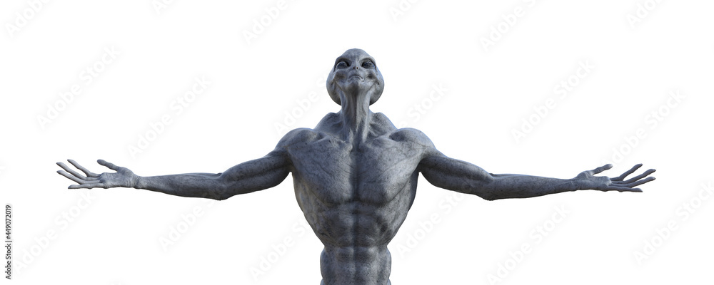 Illustration of a muscled grey alien with arms held wide while looking up on a white background. Illustration of a muscled grey alien with arms held wide while looking up on a white background.