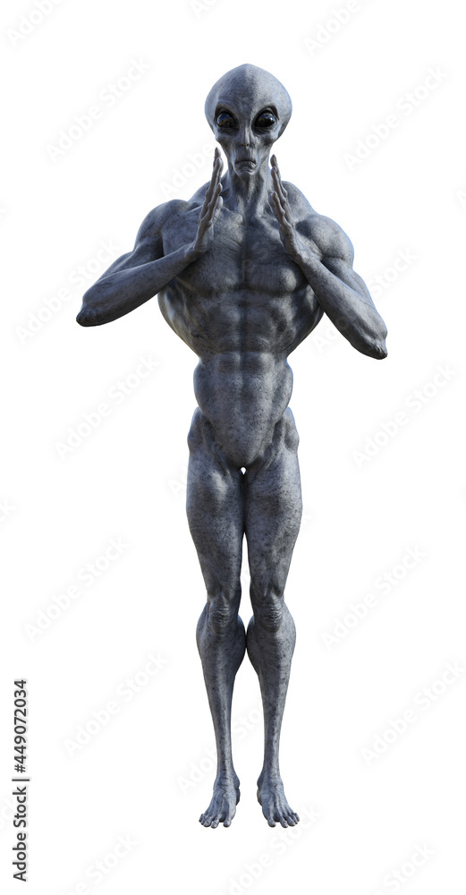 Illustration of a muscled grey alien holding hands apart isolated on a white background. Illustration of a muscled grey alien holding hands apart isolated on a white background.