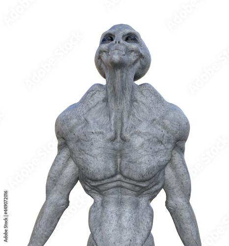 Illustration of a muscled grey alien with arms back while looking upward on a white background.