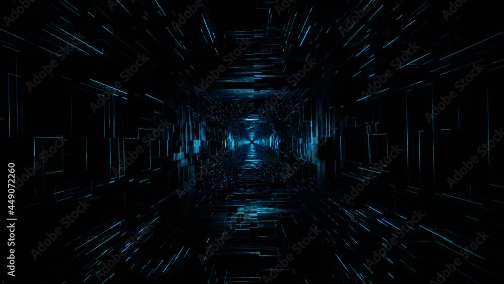 flight into cosmic web structure, neon blue square sci-fi tunnel. VJ loop
