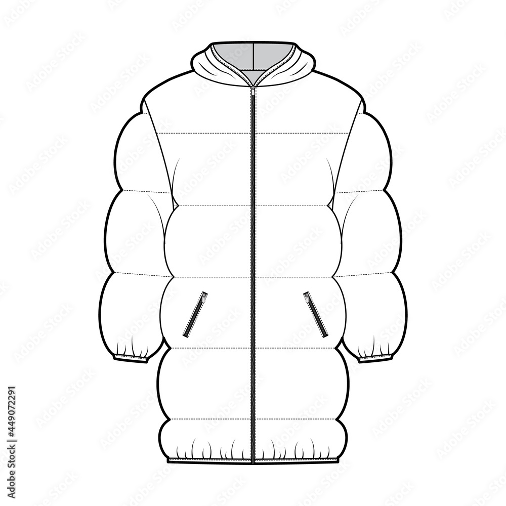 Down puffer jacket coat technical fashion illustration with zip-up closure, pockets, oversized, thigh length, wide quilting. Flat template front, white color style. Women, men, unisex top CAD mockup Down puffer jacket coat technical fashion illustration with zip-up closure, pockets, oversized, thigh length, wide quilting. Flat template front, white color style. Women, men, unisex top CAD mockup