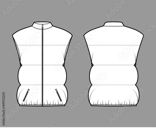 Down vest puffer waistcoat technical fashion illustration with sleeveless, pockets, oversized, hip length, wide quilting. Flat template front, back, white color style. Women, men unisex top CAD mockup
