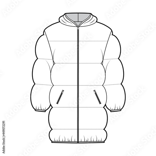 Down puffer jacket coat technical fashion illustration with zip-up closure, pockets, oversized, thigh length, wide quilting. Flat template front, white color style. Women, men, unisex top CAD mockup