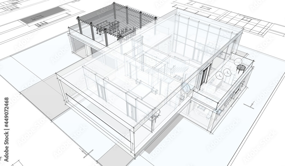 Fototapeta premium modern house architectural drawings 3d illustration