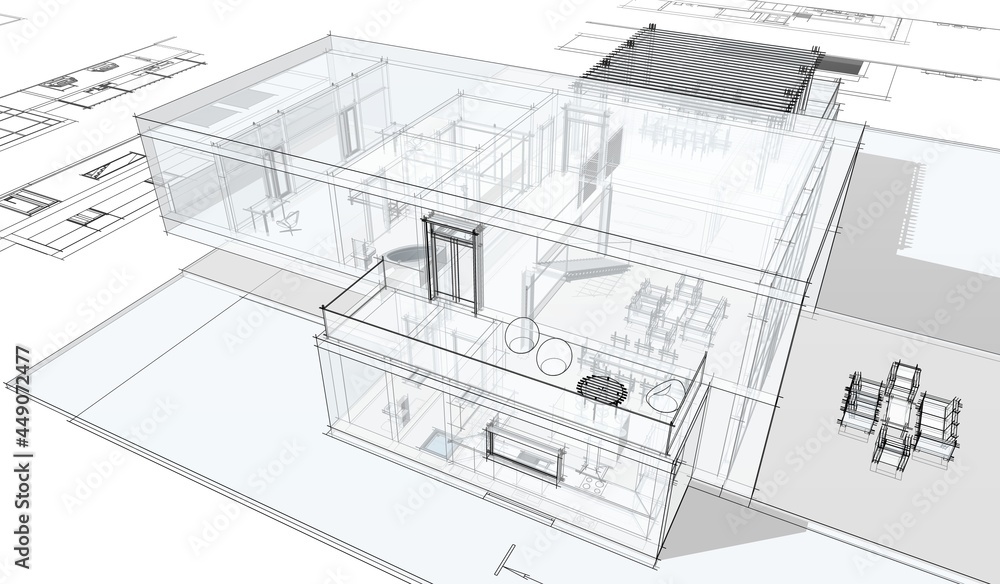 Fototapeta premium modern house architectural drawings 3d illustration