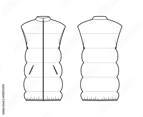 Down vest puffer waistcoat technical fashion illustration with sleeveless, stand collar, pockets, hip length, wide quilting. Flat template front, back, white color style. Women, men, unisex CAD mockup
