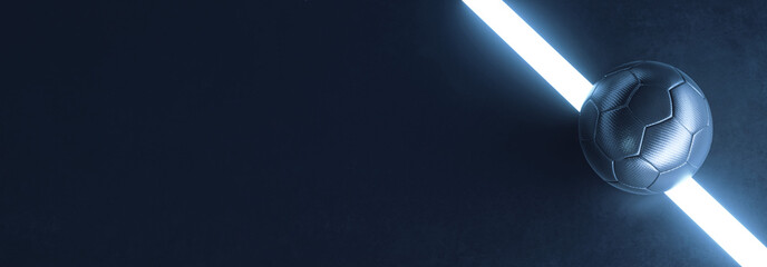 Blue futsal ball on a futuristic indoor soccer field with glowing white line and copy space background
