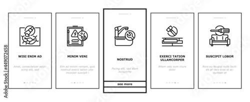 Home Repair Occupation Onboarding Mobile App Page Screen Vector. Sink And Bath, Garage Door And Furniture, Kitchen And Bathroom Faucet, Home Repair Work Illustrations