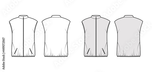 Down vest puffer waistcoat technical fashion illustration with sleeveless, stand collar, pockets, oversized, hip length. Flat template front, back, white, grey color style. Women unisex top CAD mockup