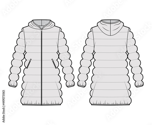 Hooded jacket Down puffer coat technical fashion illustration with zip-up closure, oversized, thigh length, classic quilting. Flat template front, back, grey color style. Women, men, unisex CAD mockup