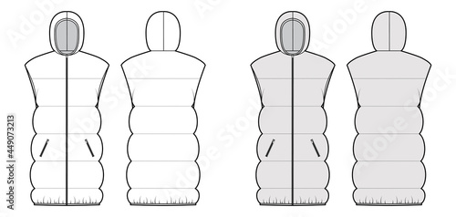 Down vest puffer Hooded waistcoat technical fashion illustration with sleeveless, pockets, hip length, wide quilting. Flat template front, back, white, grey color style. Women, men, unisex top mockup