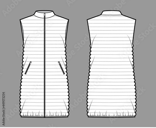 Down vest puffer waistcoat technical fashion illustration with stand collar, zip-up closure, pockets, thigh length, narrow quilting. Flat front, back, white color style. Women, men top CAD mockup