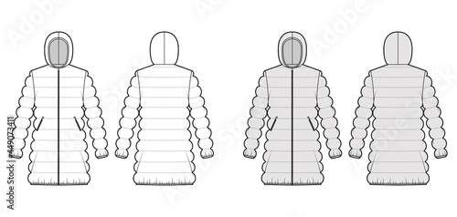 Hooded jacket Down puffer coat technical fashion illustration with zip-up closure, thigh length, classic quilting. Flat template front, back, white, grey color style. Women, men, unisex top CAD mockup