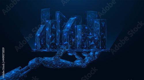 The robot's hand holds a tablet with a hologram of a smart city. Polygonal construction of lines and points. Blue background.