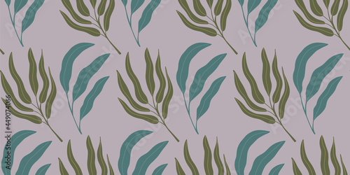 Seamless pattern background with abstract hand drawn plant silhouette. Tropical foliage palm tree branch minimalist line art drawing. Vector boho minimalist floral backdrop texture