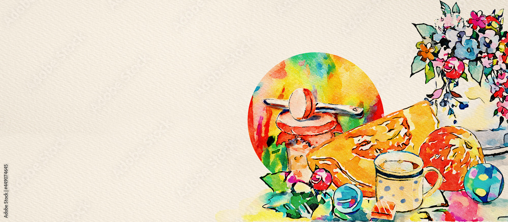 Naklejka premium Light snack. Watercolor decorative lifestyle background