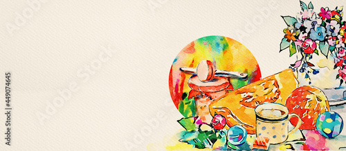 Light snack. Watercolor decorative lifestyle background