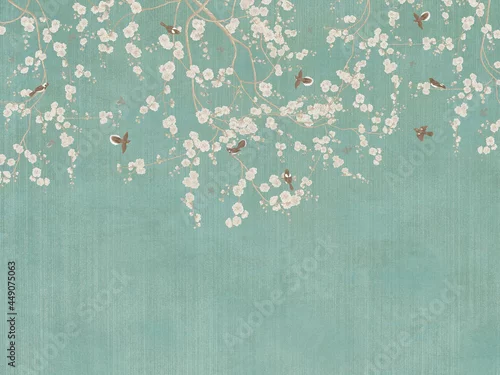 Obraz gałęzie z kwiatami i ptakami w stylu vintage na zielonym strukturalnym tle
