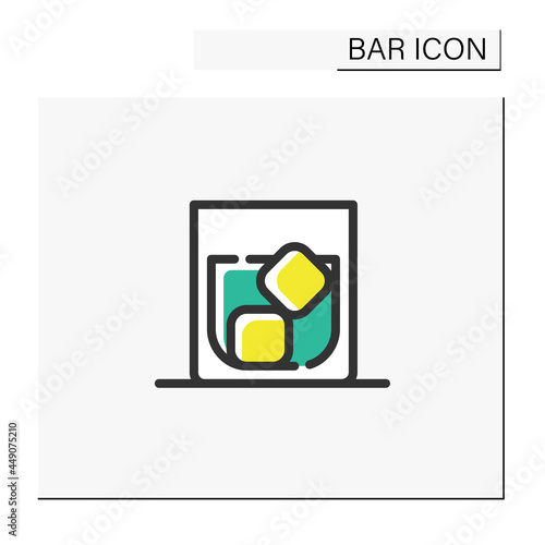 Whiskey glass color icon. Alcohol stemware. Party drink with ice. Restaurant, pub, bar menu. Scotch, rum, long drink. Cocktail party and drinking establishment concept. Isolated vector illustration
