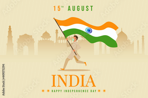 happy independence day India. vector illustration of Indian man with flag. corona virus covid-19 concept. indian flag with monuments
