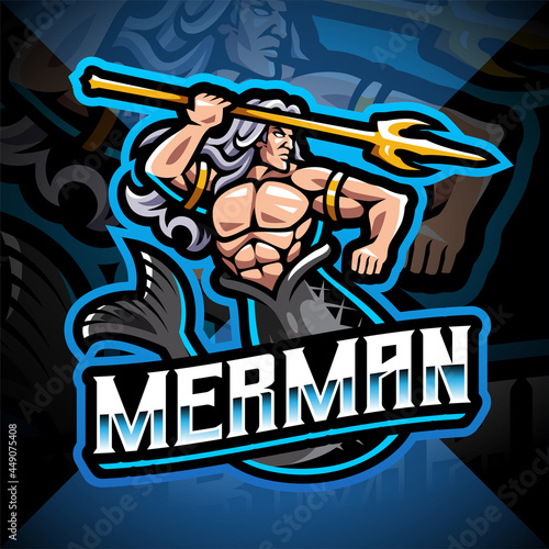 Mermaid man holding a trident esport mascot logo
