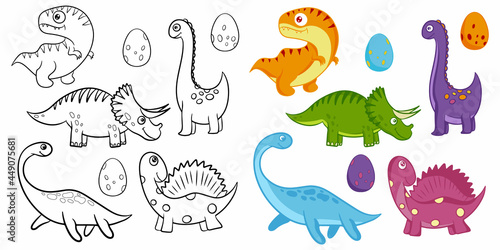 Set of cartoon dinosaurs for coloring. Black and white vector illustration. Children s educational game. Flat cartoon style.