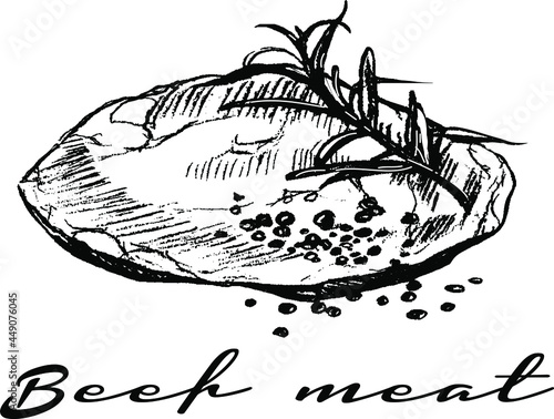 raw beef meat steak for grilling seasoning rustic hand drawn in pencil Close-up view of fresh raw  Steak chuck in isolated white background