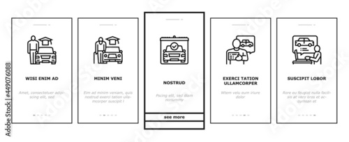 Driving School Lesson Onboarding Mobile App Page Screen Vector. Driving School Educational Material And Test, Diagonal And Parallel Parking Teach Instructor Illustrations