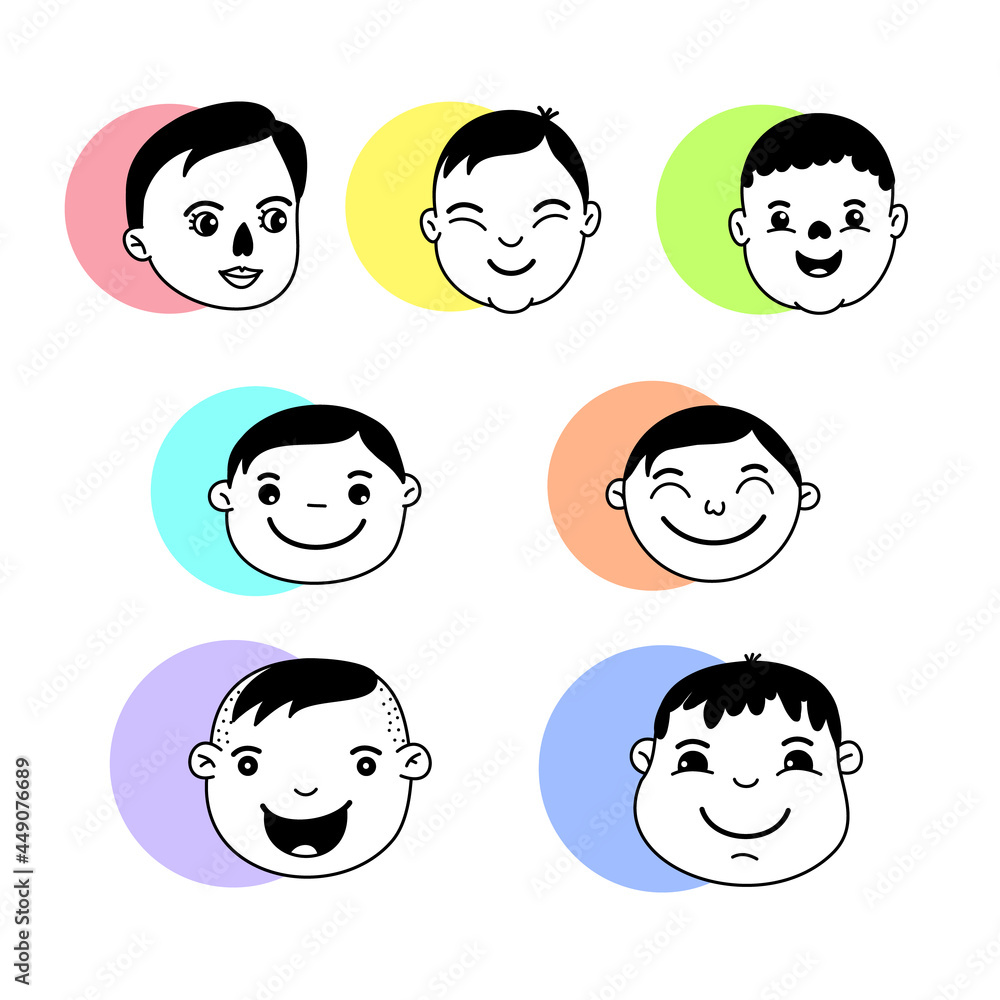 Kids baby set doodle style black lines faces child portraits Kids baby set doodle style black lines faces child portraits