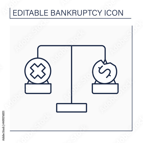 Balance line icon. Bankruptcy versus insolvency. Inability to pay debts. Bankrupt is insolvent.Bankruptcy concept. Isolated vector illustration. Editable stroke