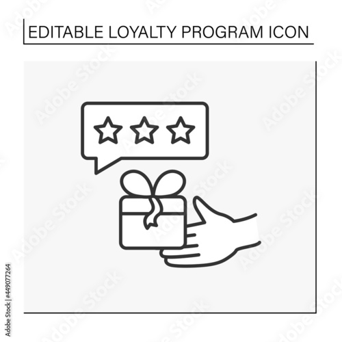 Reward line icon. Three stars rating. Present box. Loyalty program for customers.Shopping concept. Isolated vector illustration.Editable stroke