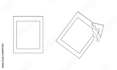 Instant powder sachets whole and torn. Packets with soluble medicine, coffee, sugar or salt. Outline icons. Editable stroke. Vector linear illustration. 