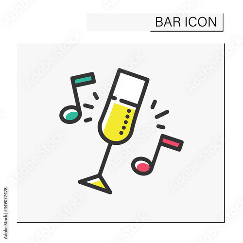 Bar party color icon. Celebration, event, alcohol party. Champagne or wine glass. Restaurant, night club music. Cocktail party and drinking establishment concept. Isolated vector illustration