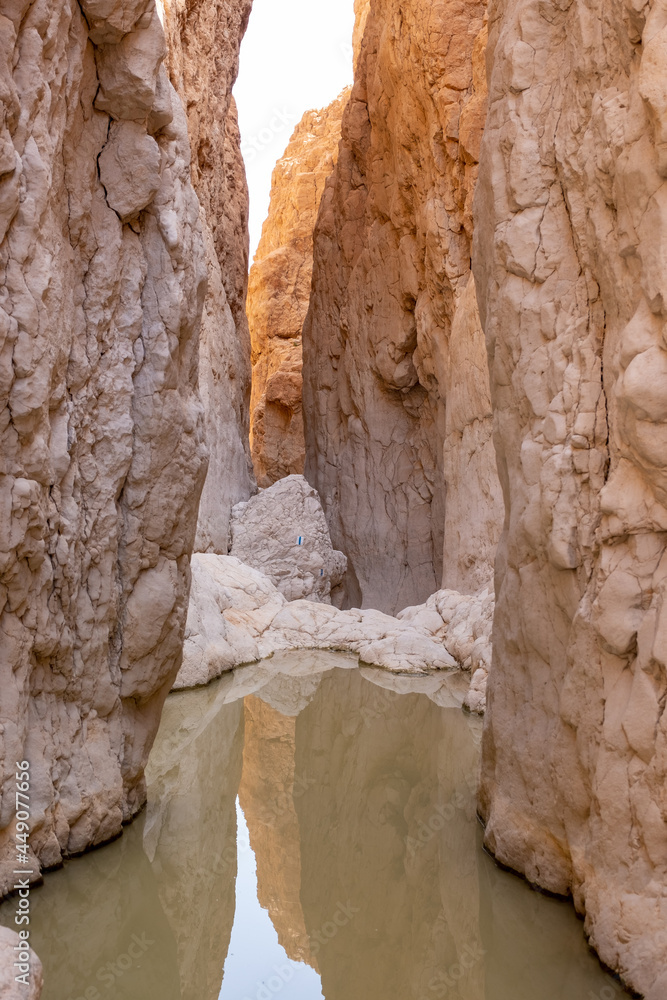 Water pools created by heavy rain in dry wadi Ashalim, the nature reserve in Judaean Desert, Israel. White walls of a narrow canyon reflecting in water pools. Unusual and rare desert landscape.