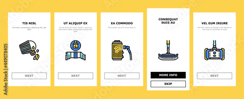 Pool Cleaning Service Onboarding Mobile App Page Screen Vector. Pool Cleaning Electronic Robot With Vacuum Brush And Cleaner Equipment, Ozonator And Filtration Illustrations
