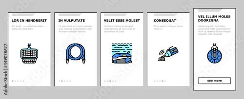 Pool Cleaning Service Onboarding Mobile App Page Screen Vector. Pool Cleaning Electronic Robot With Vacuum Brush And Cleaner Equipment, Ozonator And Filtration Illustrations