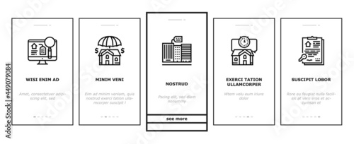 Property Rental Agency Onboarding Mobile App Page Screen Vector. Signing Contract And Payment Of Taxes, Insurance And Inspection Property Rental Agent Service Illustrations