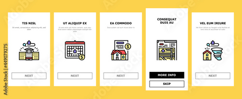 Property Rental Agency Onboarding Mobile App Page Screen Vector. Signing Contract And Payment Of Taxes, Insurance And Inspection Property Rental Agent Service Illustrations
