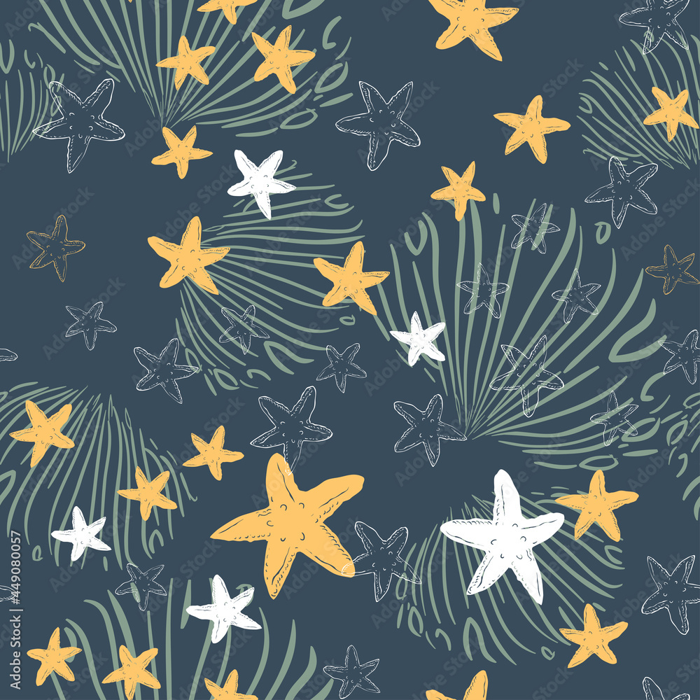 Seamless pattern with hand drawn sea stars. Underwater abstract background.