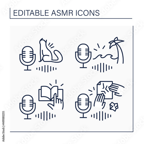 ASMR line icons set. Cat purring, page-turning, ocean waves sounds.Modern trends. Internet trend concept. Isolated vector illustration. Editable stroke