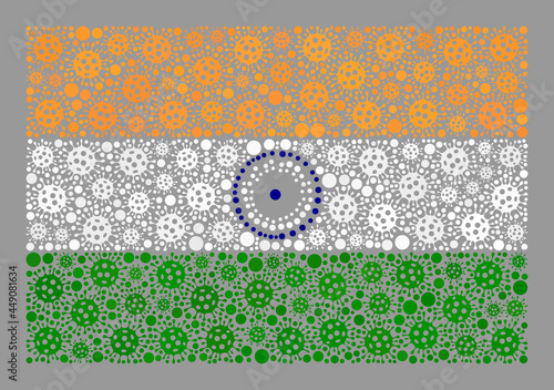 Mosaic India flag designed of covid elements. India flag collage is shaped from randomized bacilla elements. Vector covid- 2019 collage rectangular India flag created for medicare advertisement.
