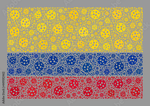Mosaic Colombia flag designed with cell icons. Colombia flag collage is made from random cell icons. Vector coronavirus mosaic rectangular Colombia flag designed for medicare advertisement.