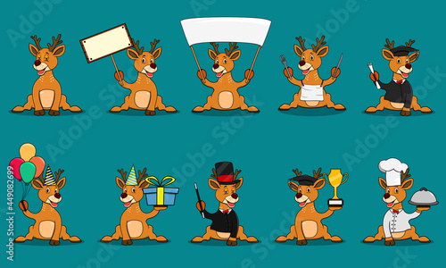 Ten Models Character Deer For Illustration, Blue Colors Background, Mascot, Icon, Character or Logo, Vector and Illustration. © TMK_Studio