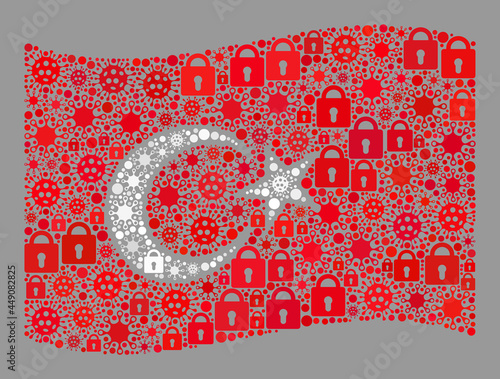 Mosaic covid lockdown waving Turkey flag designed of locks and contagious icons. Vector collage waving Turkey flag combined for medicare illustrations.