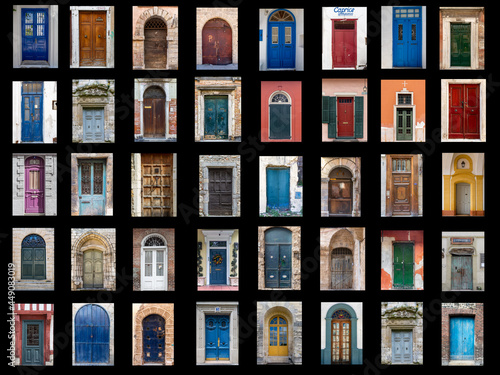 A Colorful Collage of 40 Aged Doors From Around the World, on Black Background