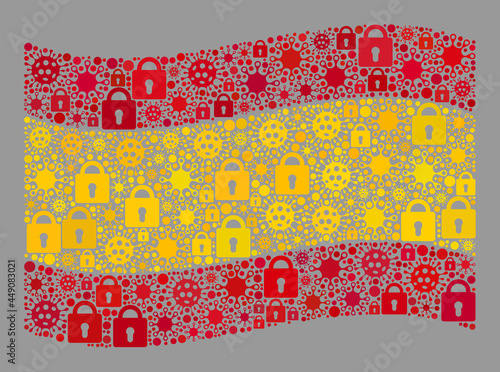 Mosaic covid lockdown waving Spain flag designed of locks and virulent icons. Vector collage waving Spain flag constructed for medicare advertisement.
