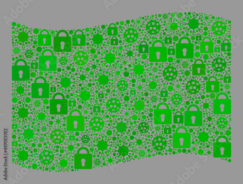 Mosaic covid lockdown waving green flag designed with locks and bacterium icons. Vector mosaic windy green flag designed for pandemic applications.