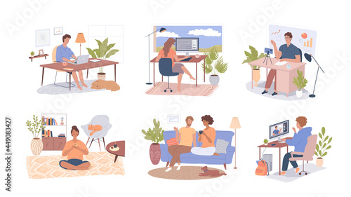 People spent time at home cartoon vector illustration. 