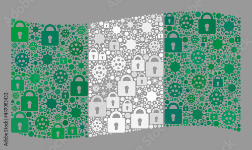 Mosaic covid lockdown waving Nigeria flag created with locks and Covid-2019 items. Vector mosaic waving Nigeria flag organized for epidemic advertisement.