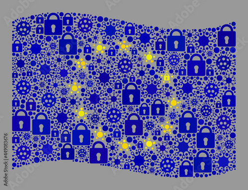 Mosaic covid lockdown waving Europe flag constructed of locks and Covid-2019 elements. Vector mosaic waving Europe flag combined for medicare purposes.